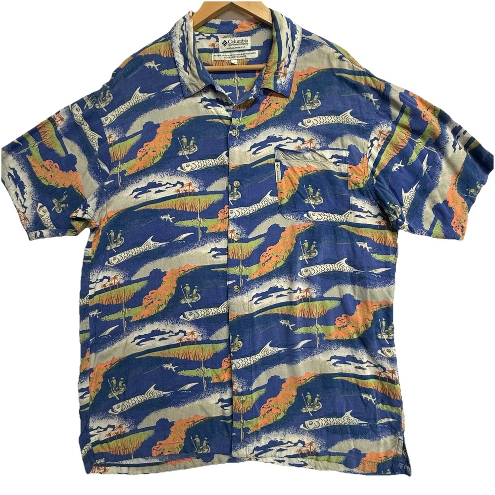 Columbia PFG Fishing Shirt L Blue Hawaiian Fish Print Rayon Button Up